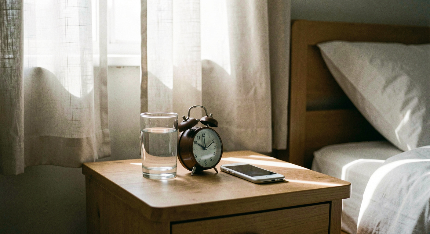 A bedside table on a Saturday morning with a small alarm clock, a glass of water and a phone face down, daylight through a gap in the curtains