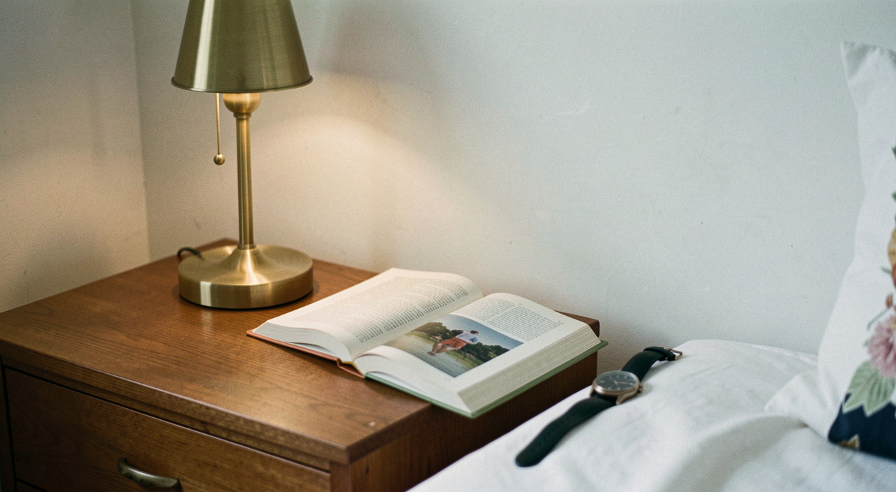 A small brass bedside lamp switched on beside an open paperback and a wristwatch face down on a nightstand