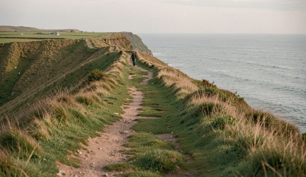A grassy coastal footpath running along a clifftop in afternoon light, a single walker in the middle distance, the sea calm and grey green on one side