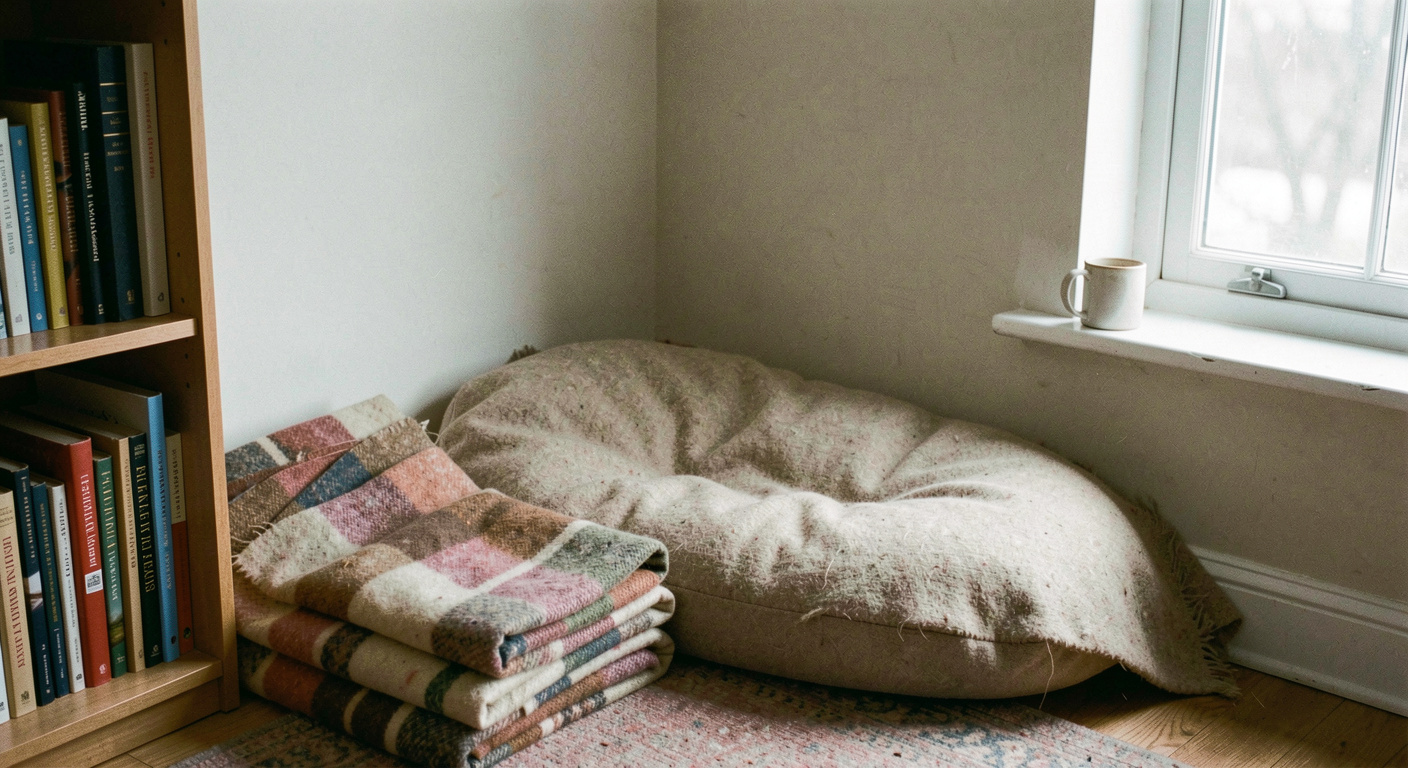 A large floor cushion and a folded blanket in the corner of a small room beside a low bookshelf, a mug on the shelf and a window to the right