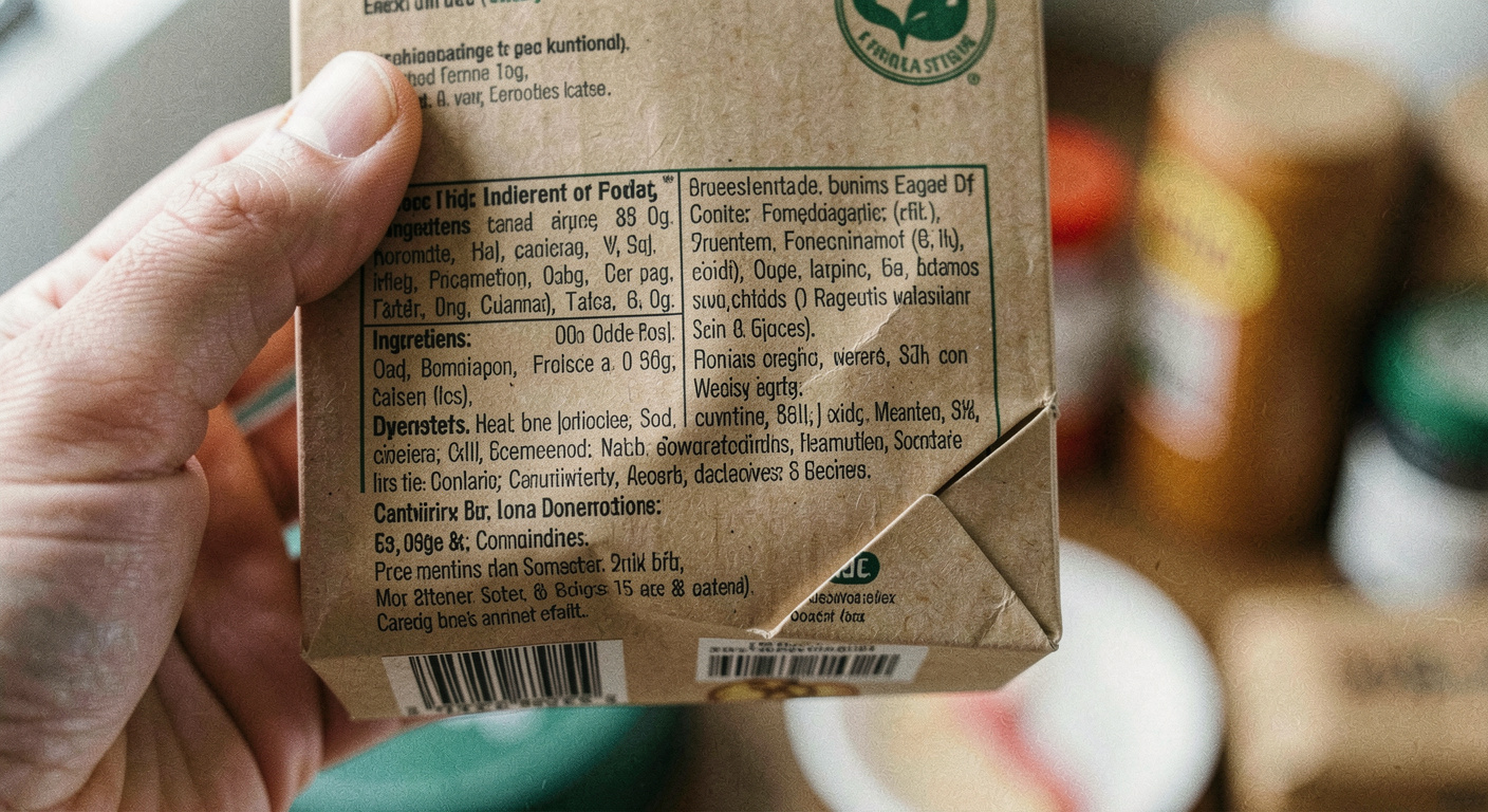 A close view of the back of a cardboard food packet held in one hand, the small print ingredient panel and a folded corner of the box in focus