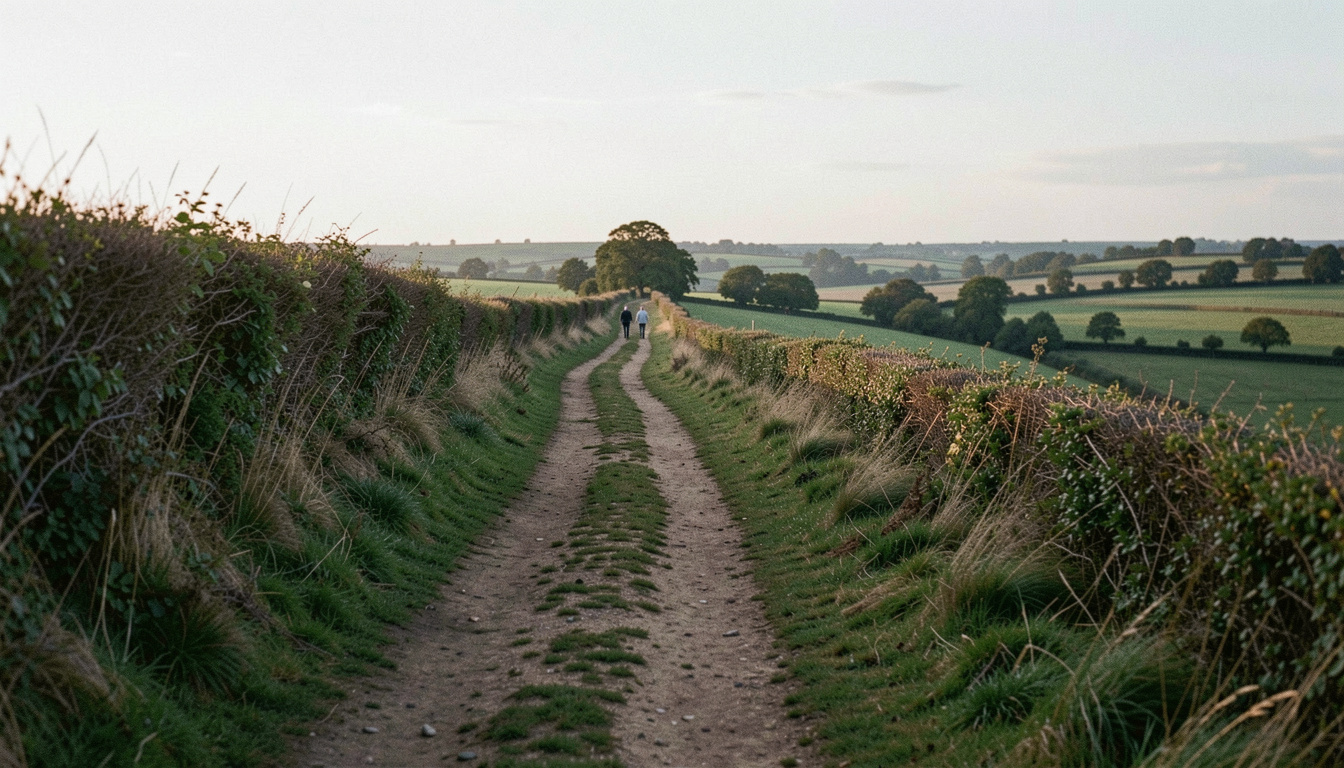 A footpath running along an open ridge in early evening, two walkers small in the distance, hedgerows and fields falling away to one side