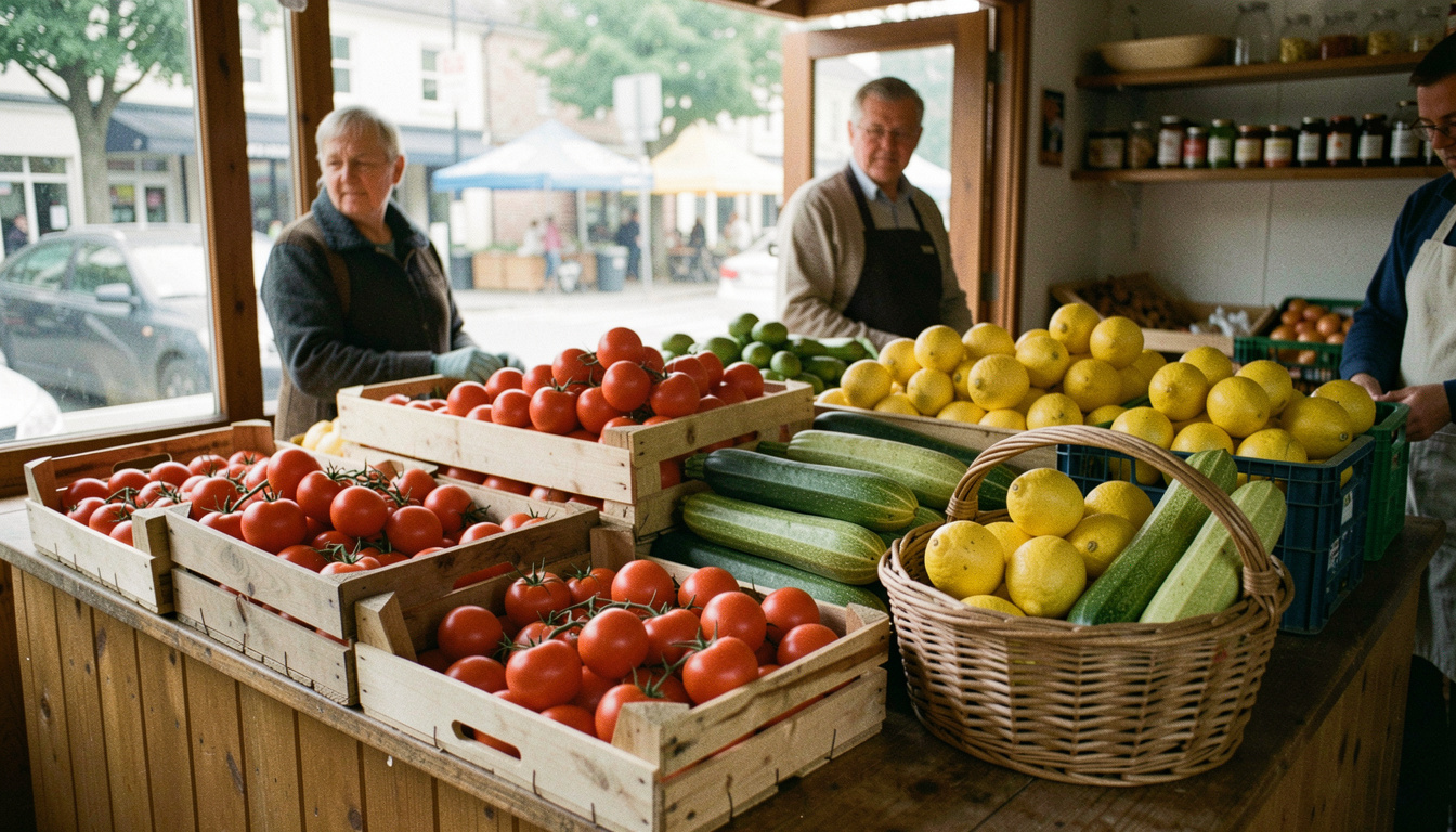 A market stall in daylight with crates of tomatoes, courgettes and lemons, a wicker basket resting on the edge of the counter