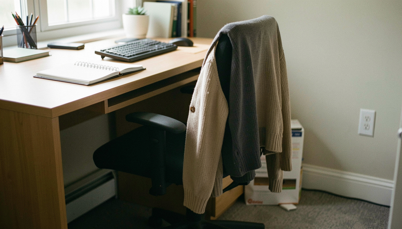 An office chair pulled up to a lowered desk in the afternoon, a notebook open beside a keyboard and a jumper over the back of the chair