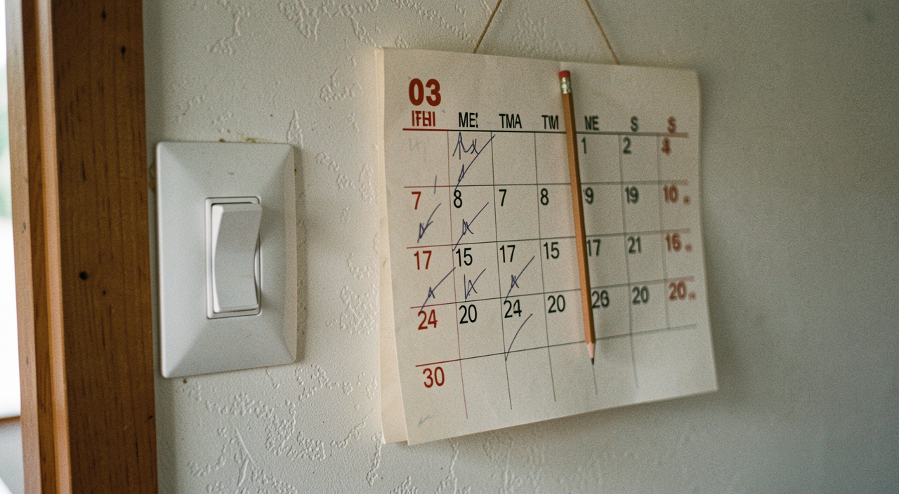 A paper wall calendar hanging beside a light switch with pencil ticks on several days, a stub of pencil on a string