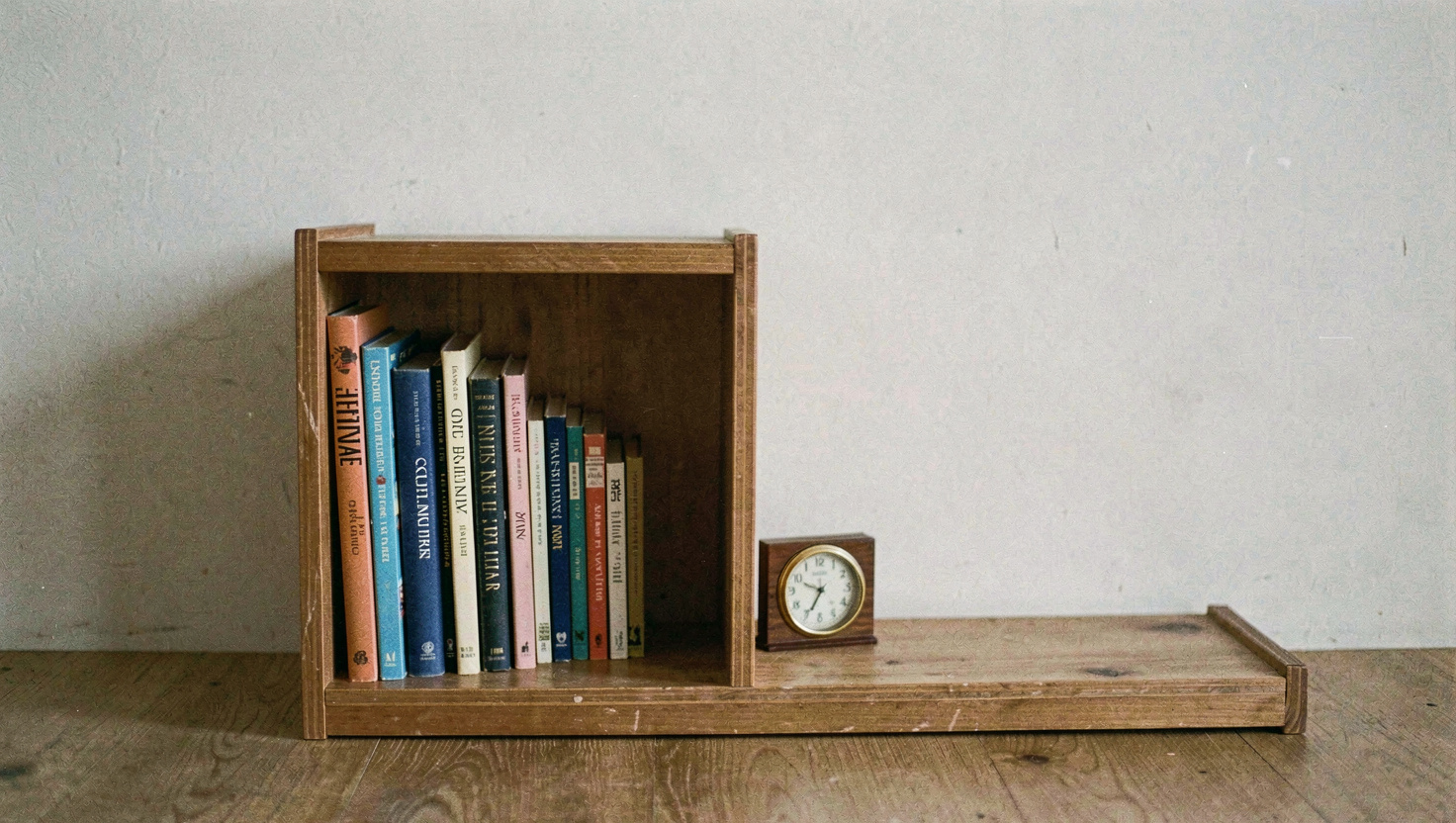 A single wooden bookshelf with books stood upright at one end, a small clock and an empty space at the other