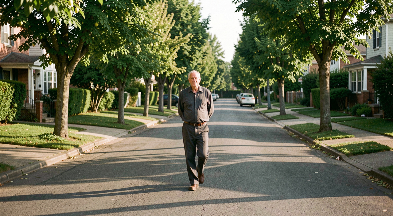 An older man walking slowly along a quiet residential street lined with lime trees in late afternoon, hands behind his back, long shadows on the pavement