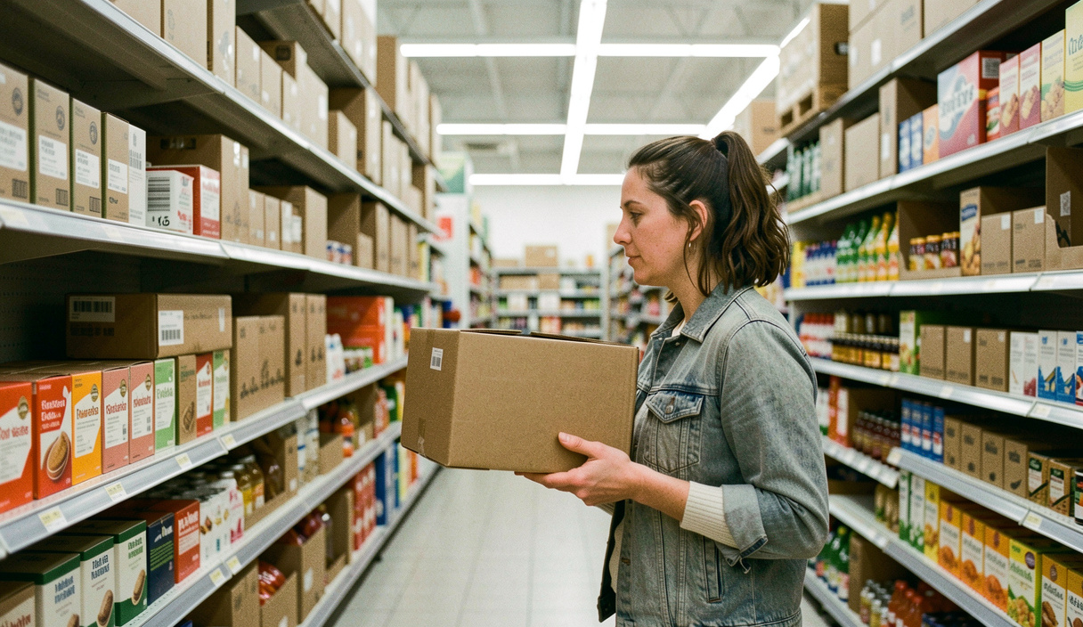 A shopper holding a cardboard packet at arm's length in a supermarket aisle, shelves of boxes stretching away behind her