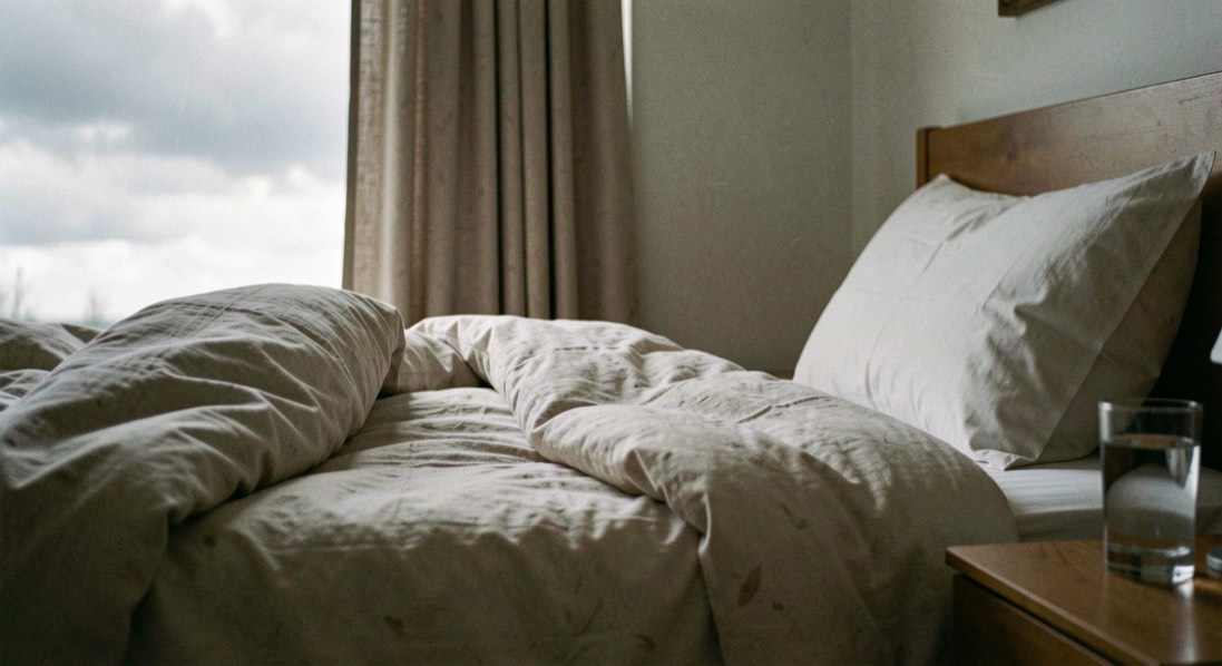 A wooden chair by a bedroom window in early morning light, a folded cotton shirt and a pair of socks resting on the seat, a second pair of shoes drying on the floor below, shot from a.