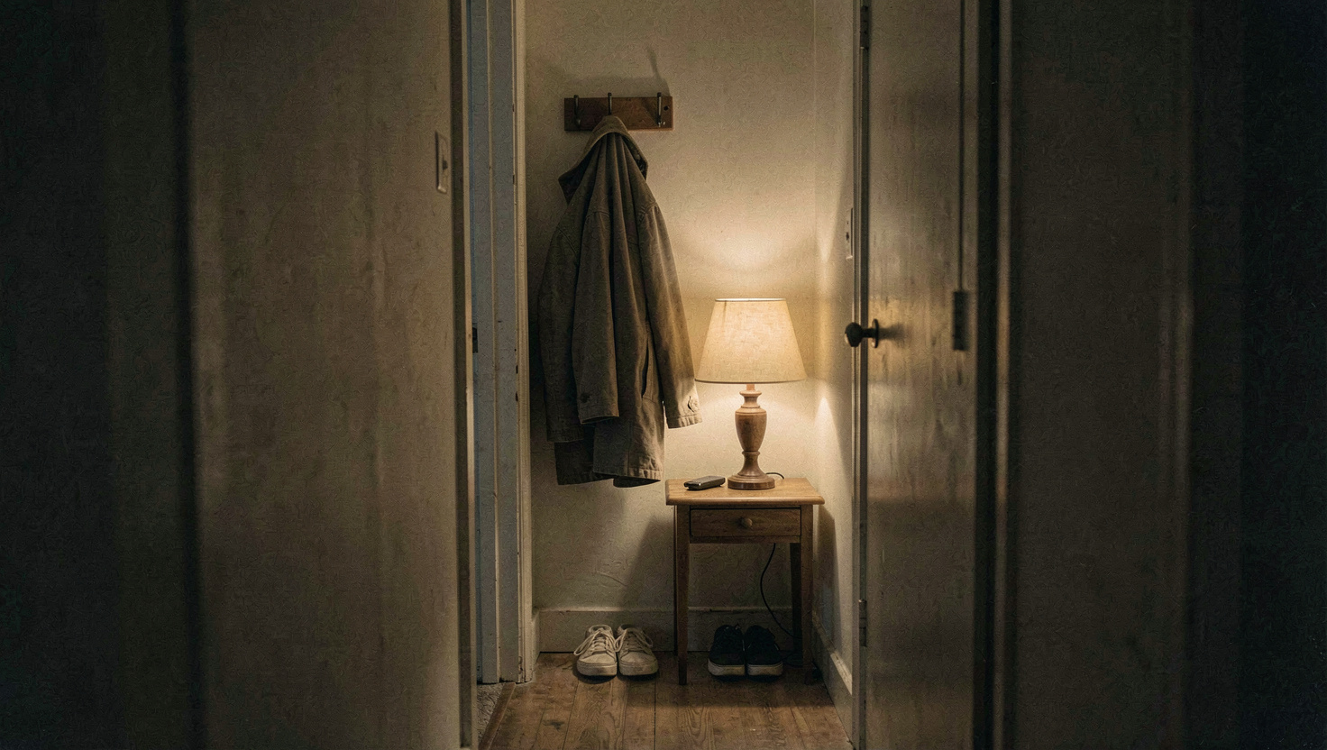 A hallway after dark lit by a single warm table lamp, a coat hanging on a hook and a pair of shoes lined up beneath it